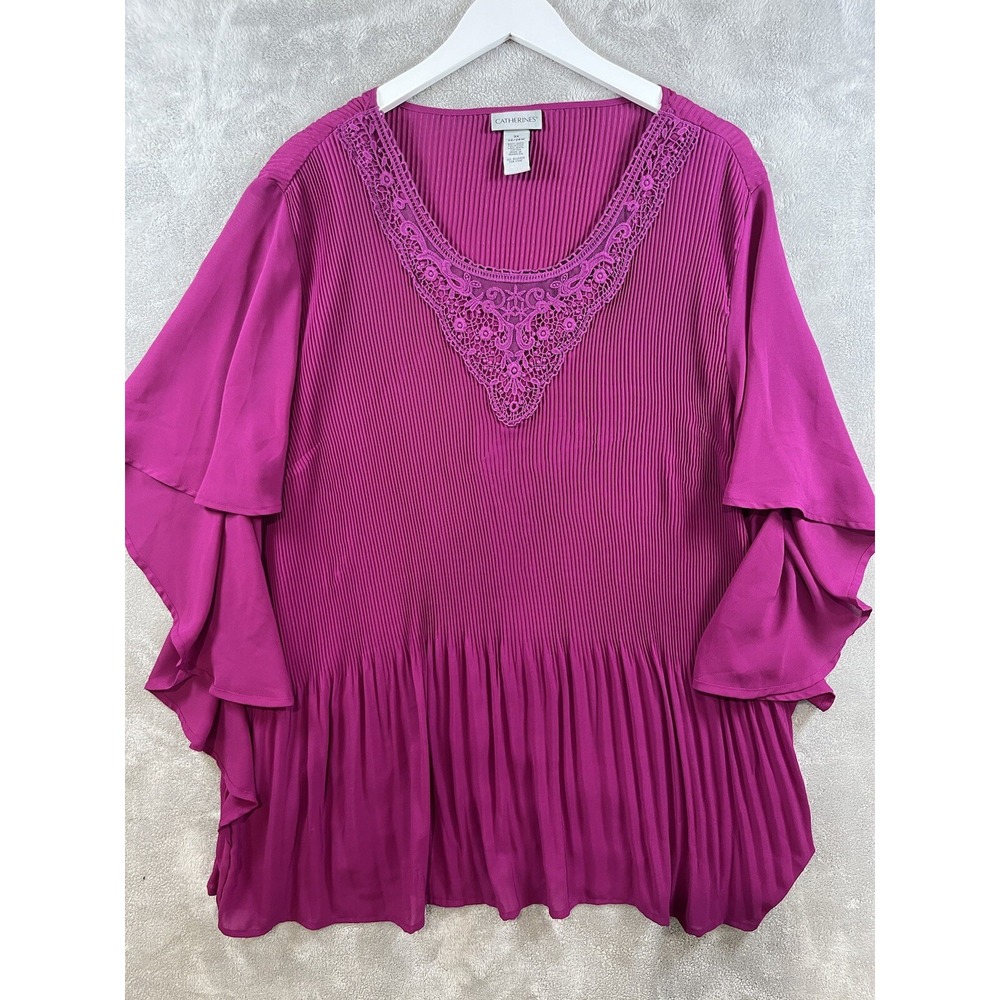Catherines Top Women 3x 26/28 Pink Accordion Pleat Blouse‎ V-neck Flare Top